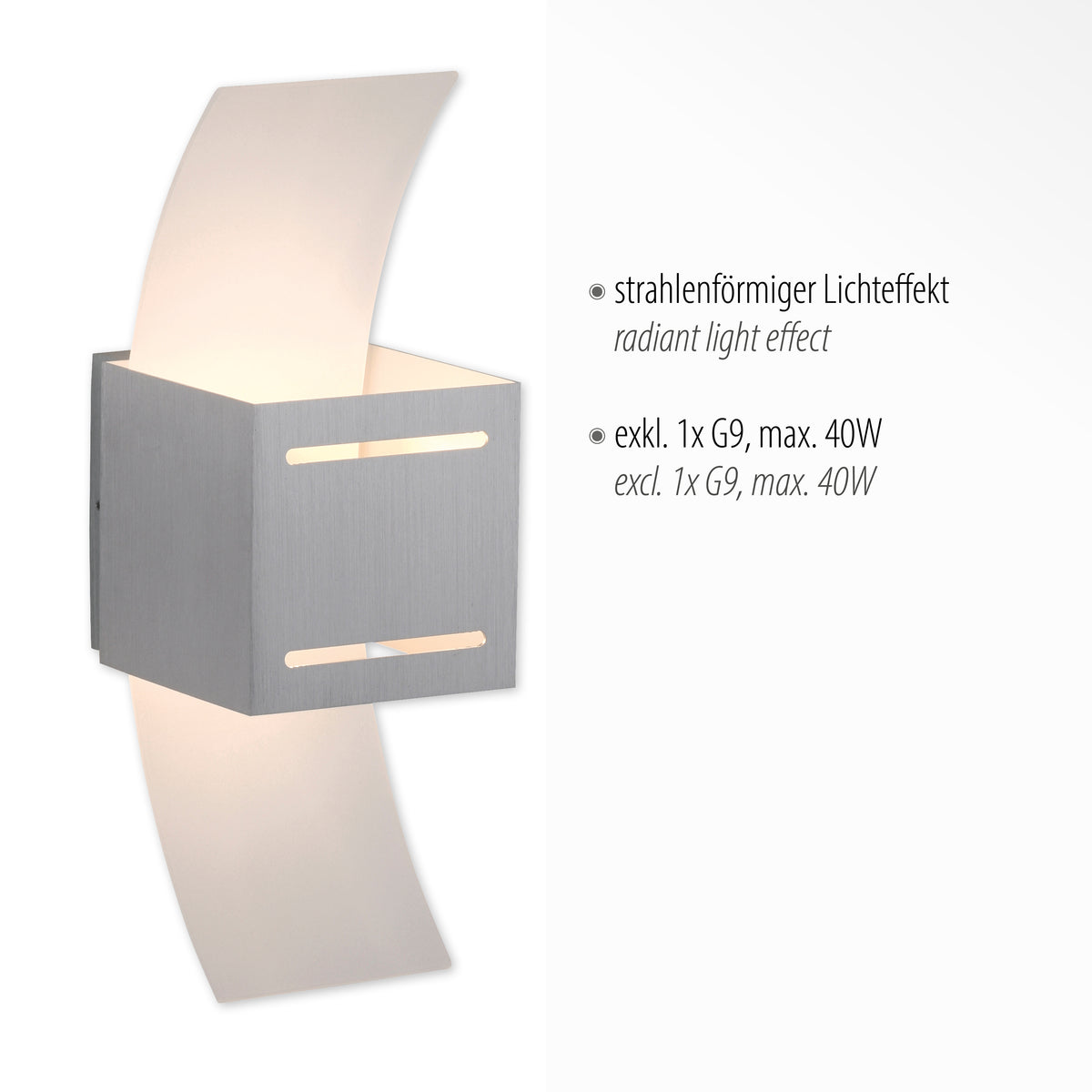 Vue produit avec texte technique indiquant effet lumineux radiant et douille G9 maximale