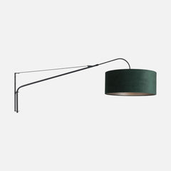 Green wall lamp, velvet lampshade & long black arched arm | Sylva