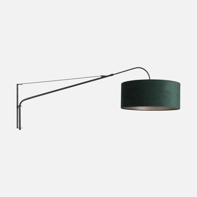 Green wall lamp, velvet lampshade & long black arched arm | Sylva