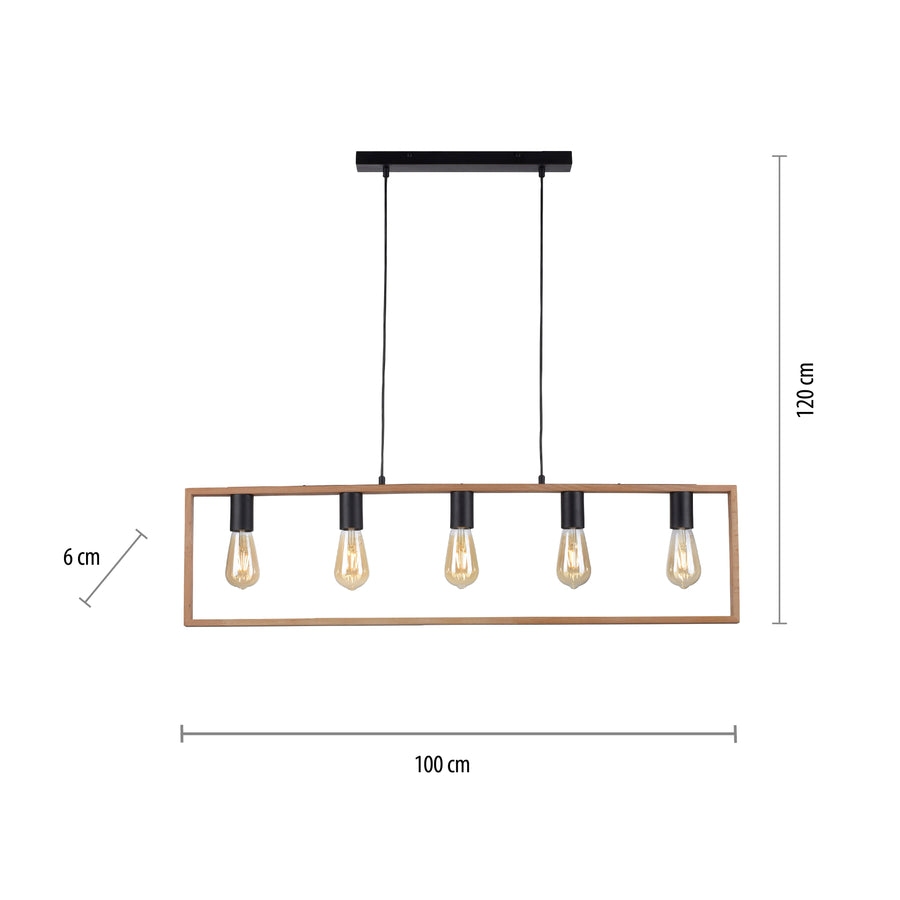 Suspension Franky 5 lumières noire et bois