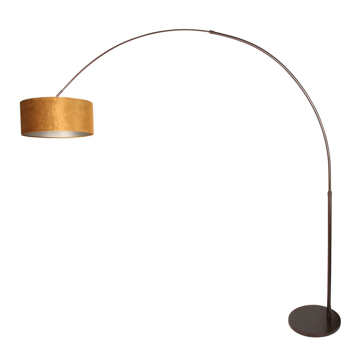 Vue inversée du lampadaire arc, abat-jour doré à gauche, structure métallique sombre.