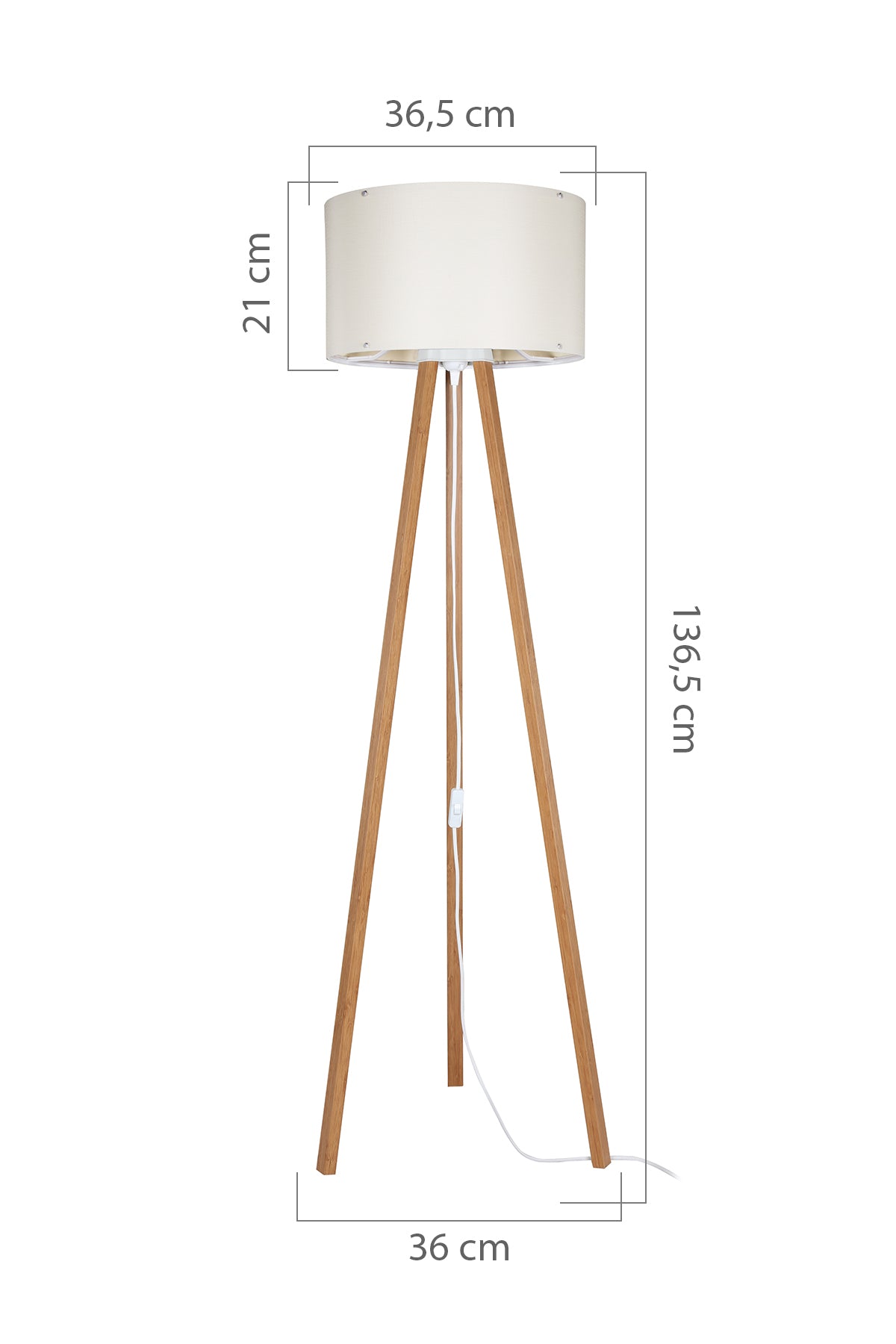 Schéma coté du lampadaire avec dimensions en centimètres de l'abat-jour et des pieds.