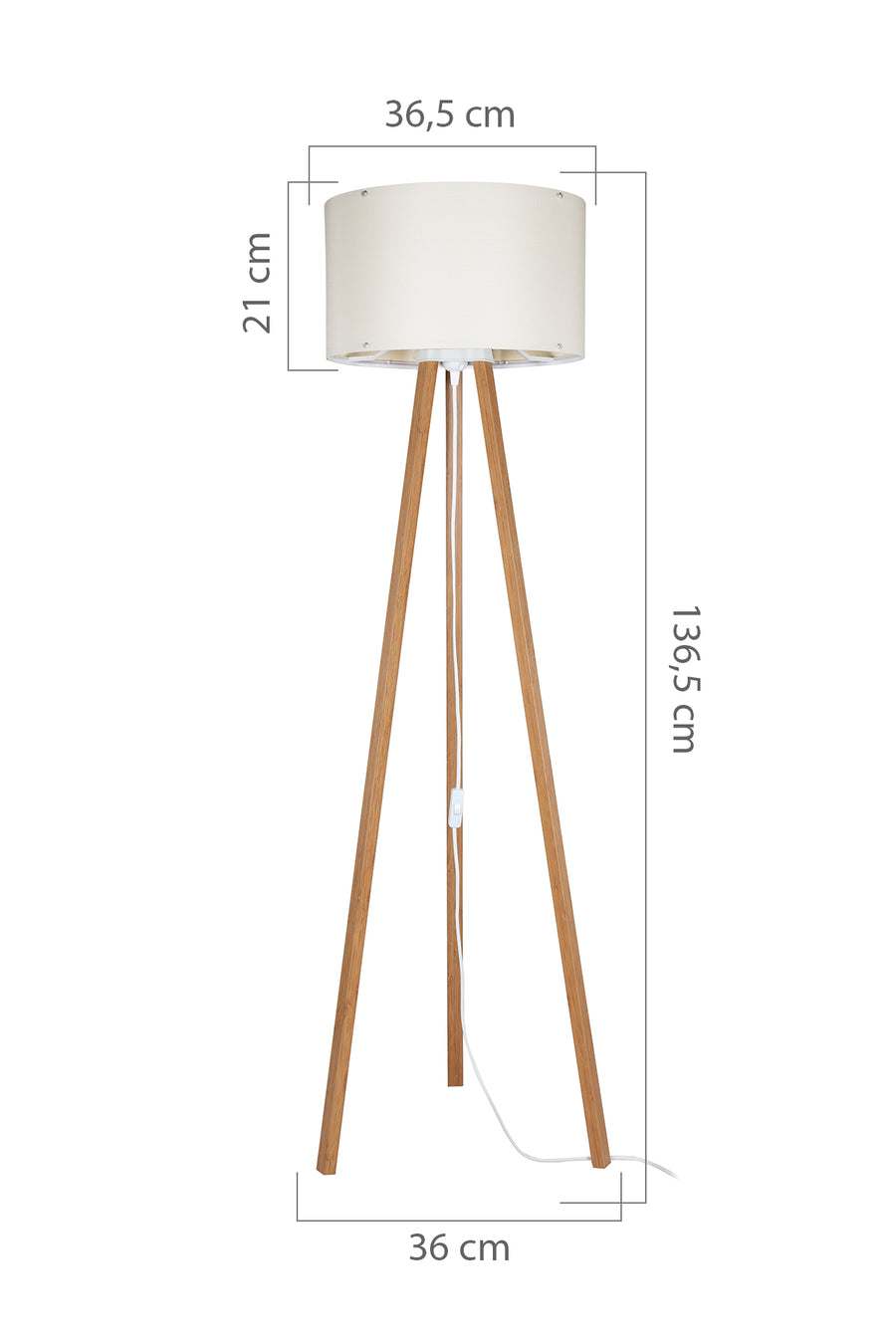 Schéma coté du lampadaire avec dimensions en centimètres de l'abat-jour et des pieds.