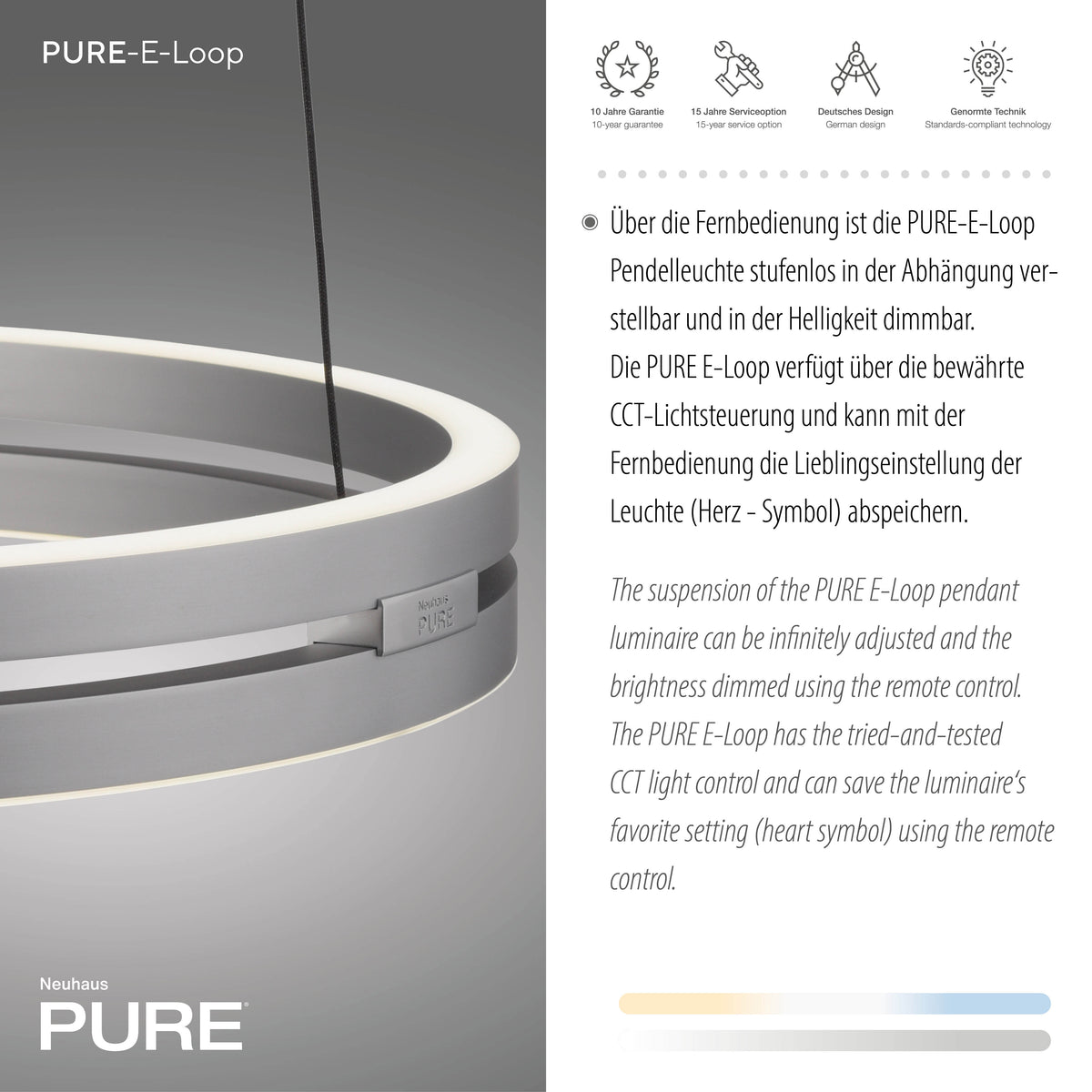 Détail du luminaire avec mention de garantie dix ans et textes explicatifs
