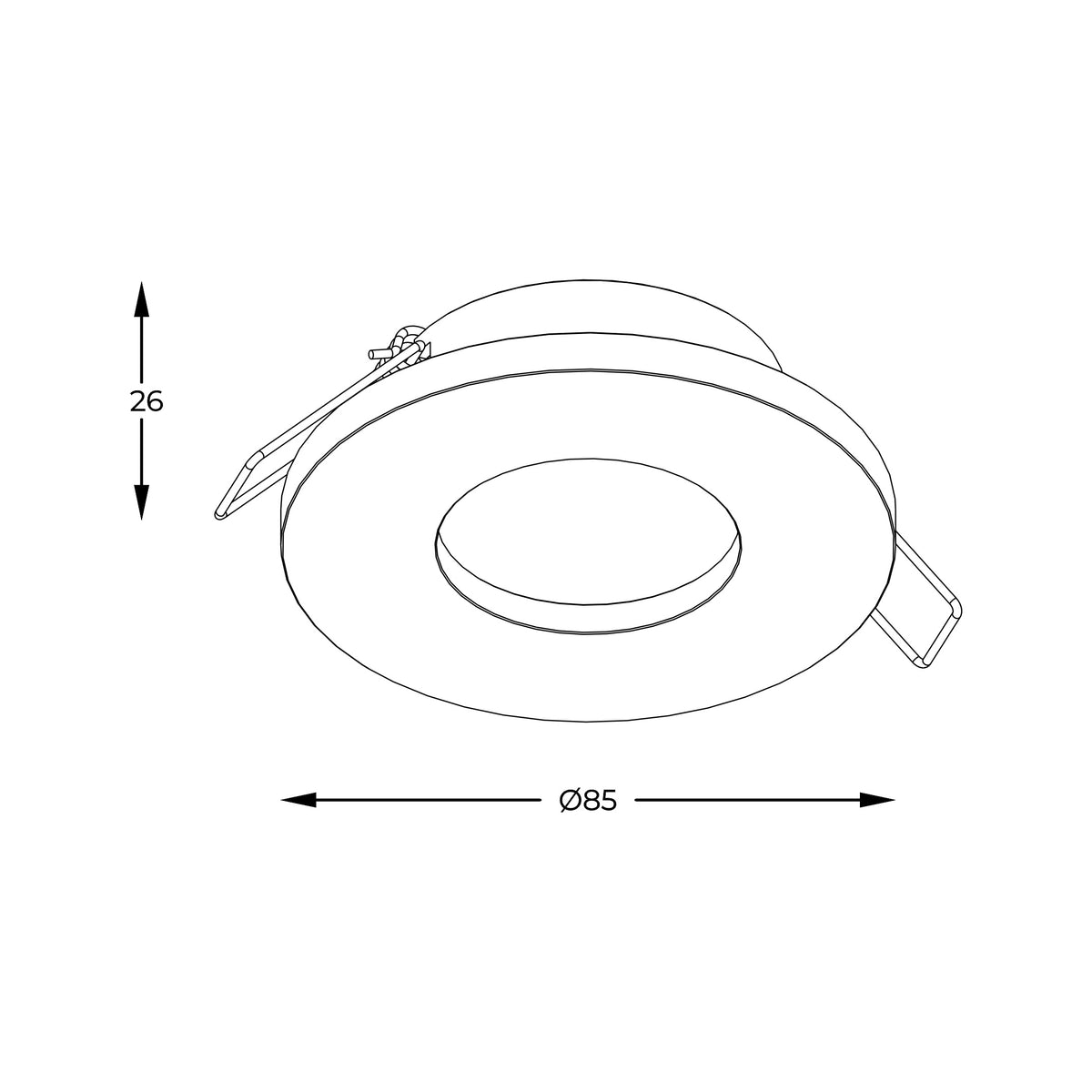 Schéma coté du spot rond, diamètre 85 mm et hauteur 26 mm
