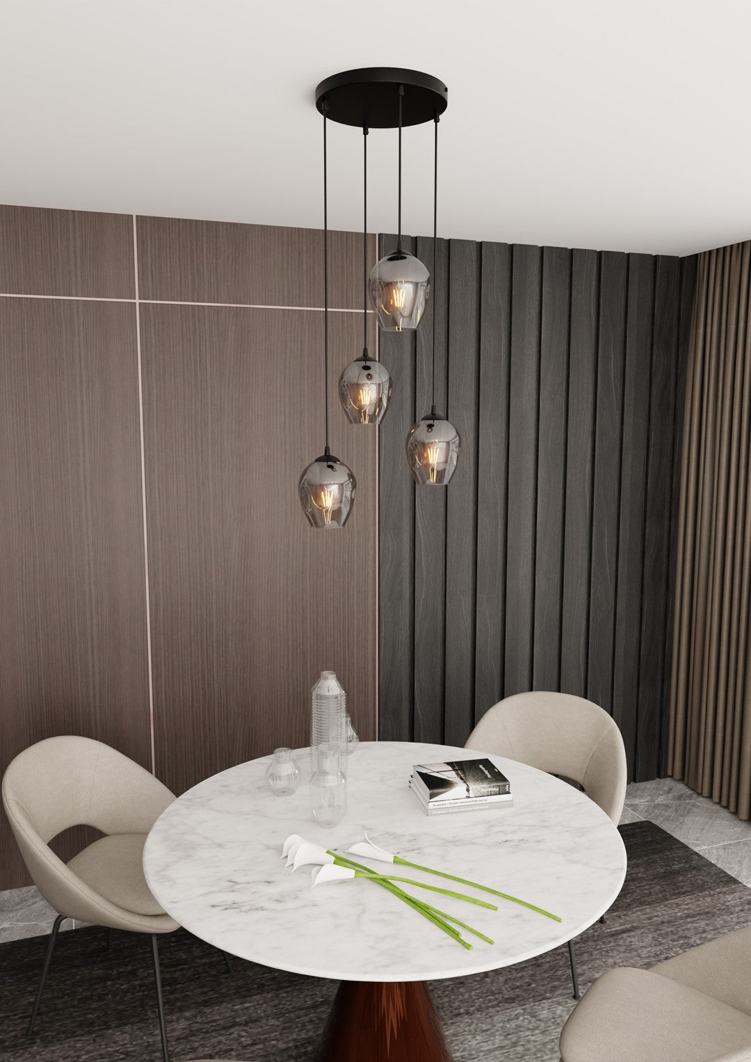 Istar 4-light pendant, black, graphite glass