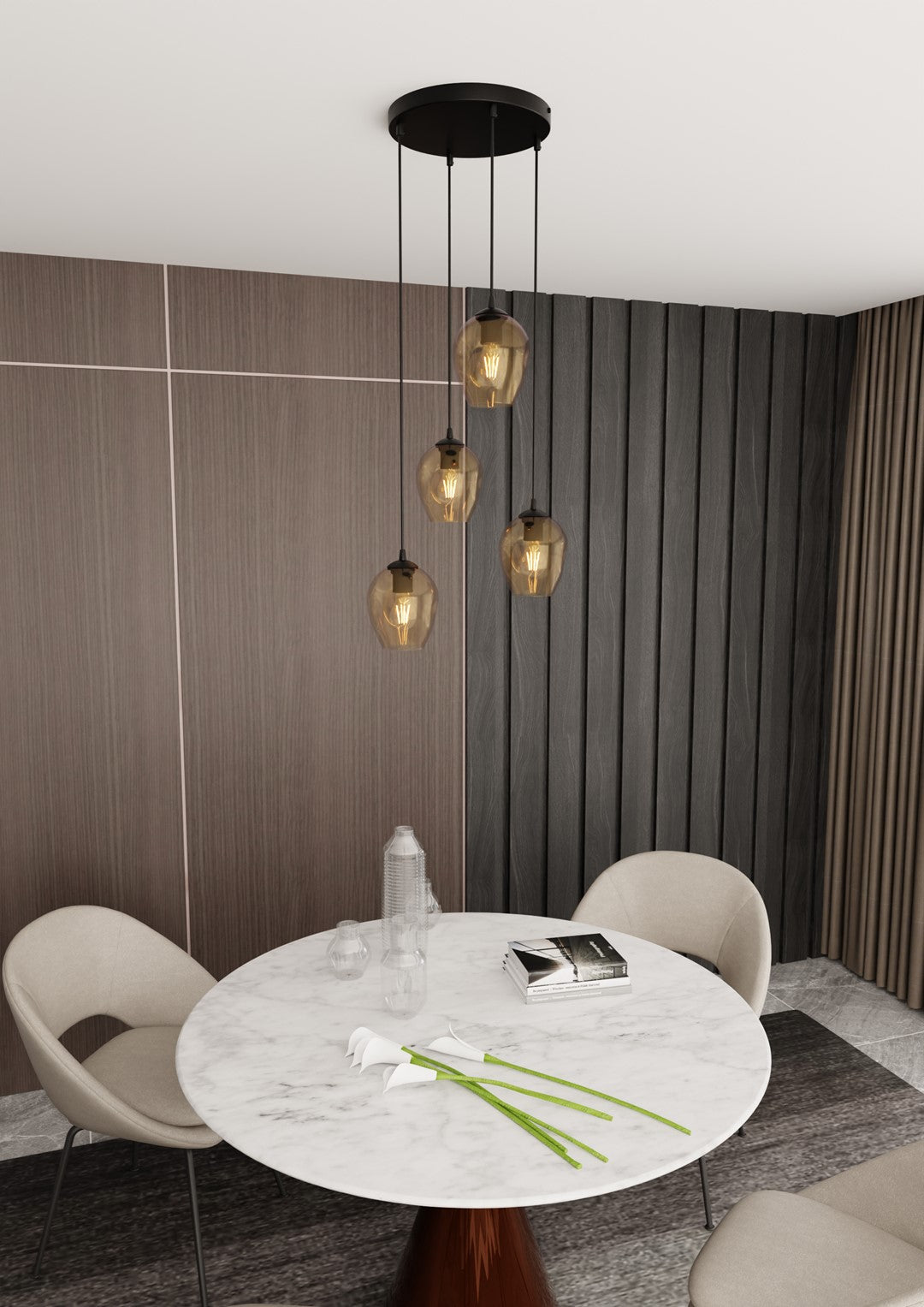 Istar 4-light pendant, black, amber glass