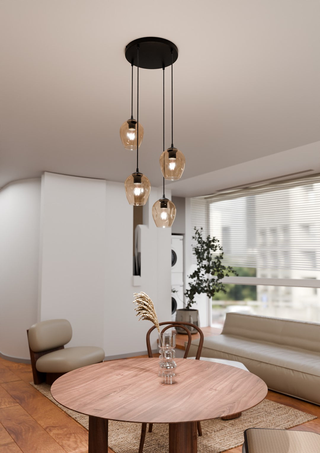 Istar 4-light pendant, black, amber glass