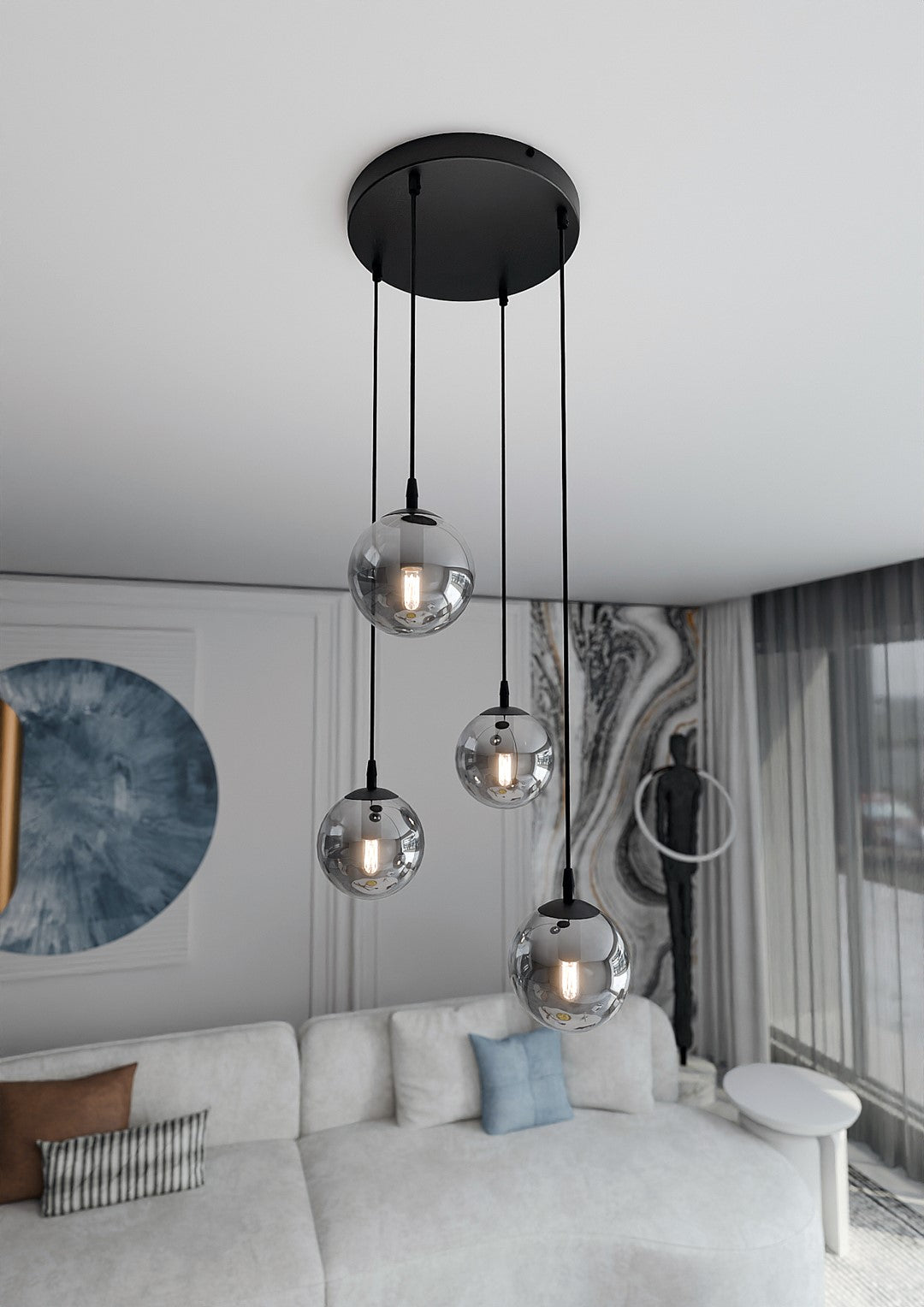 Cosmo 4-light pendant, black, graphite glass