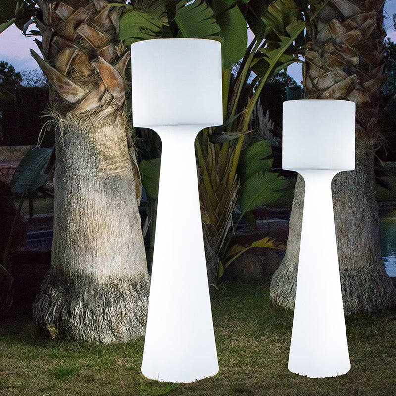 Paire de lampadaires blancs éclairés devant des troncs de palmiers au crépuscule