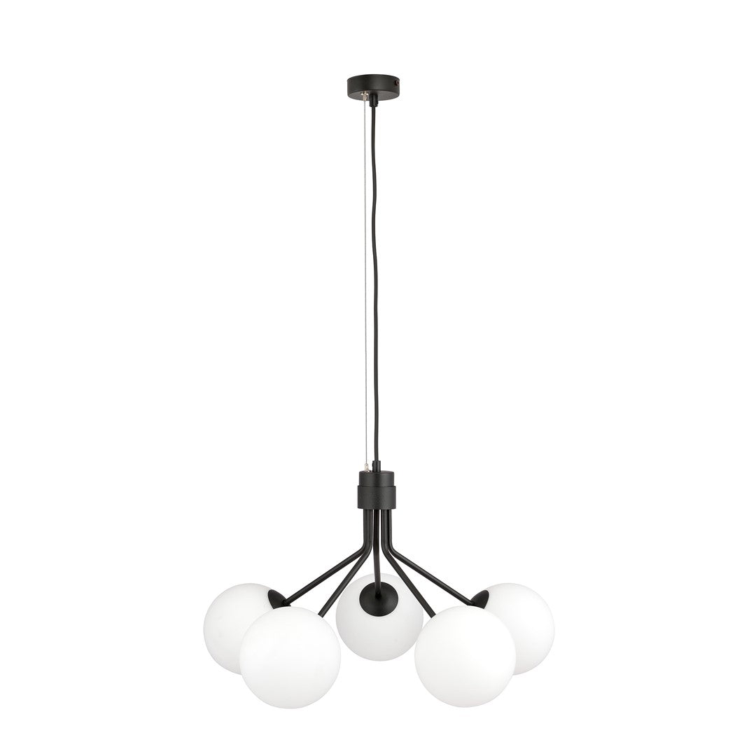 Nova 5-light pendant, black, opal glass