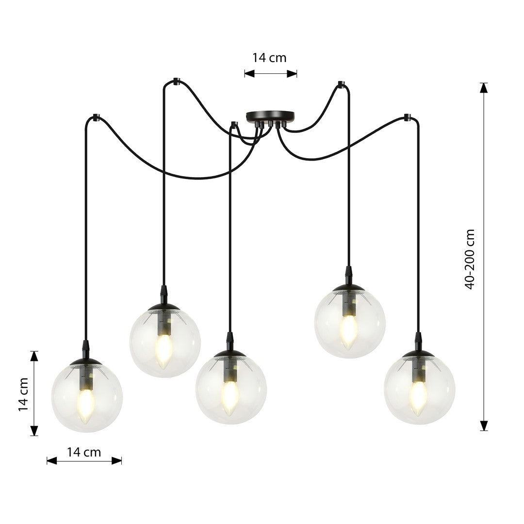 Schéma technique coté : diamètre des globes et hauteur réglable de la suspension