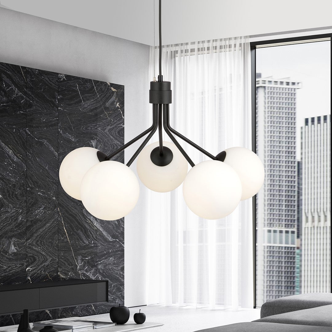 Nova 5-light pendant, black, opal glass