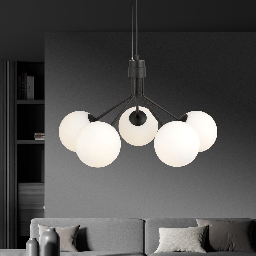 Nova 5-light pendant, black, opal glass