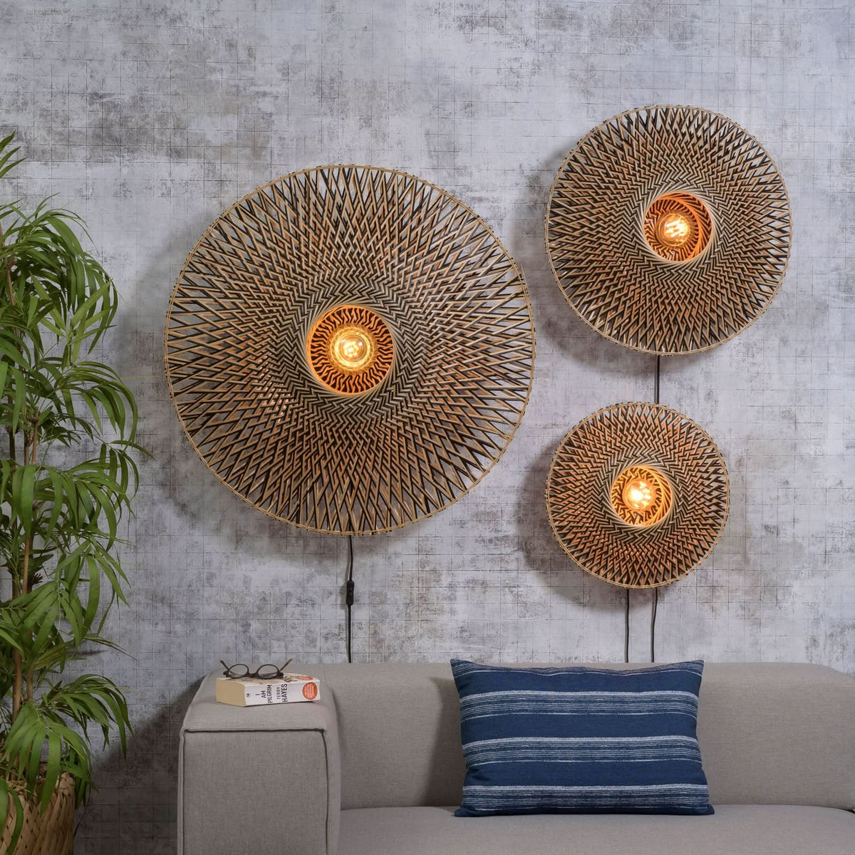 Applique murale Bali en bambou, crème et noir, Ø 44 cm