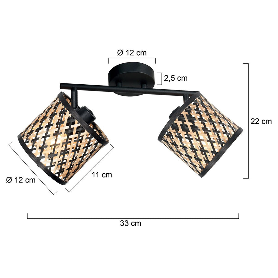 Spot Sumba noir, 2 lumières, abat-jour en bambou Ø12 cm