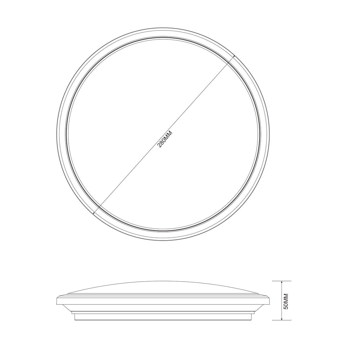 Schéma technique coté du plafonnier rond, diamètre 280 mm et hauteur 50 mm.