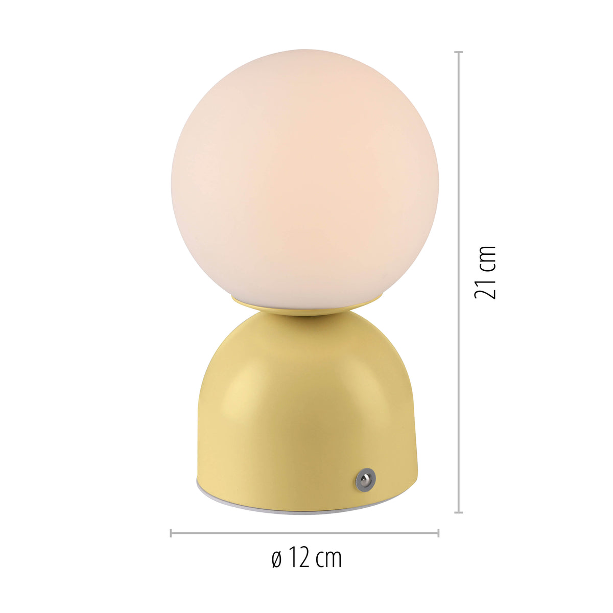 Schéma coté de la lampe montrant 21 cm de hauteur et 12 cm de diamètre