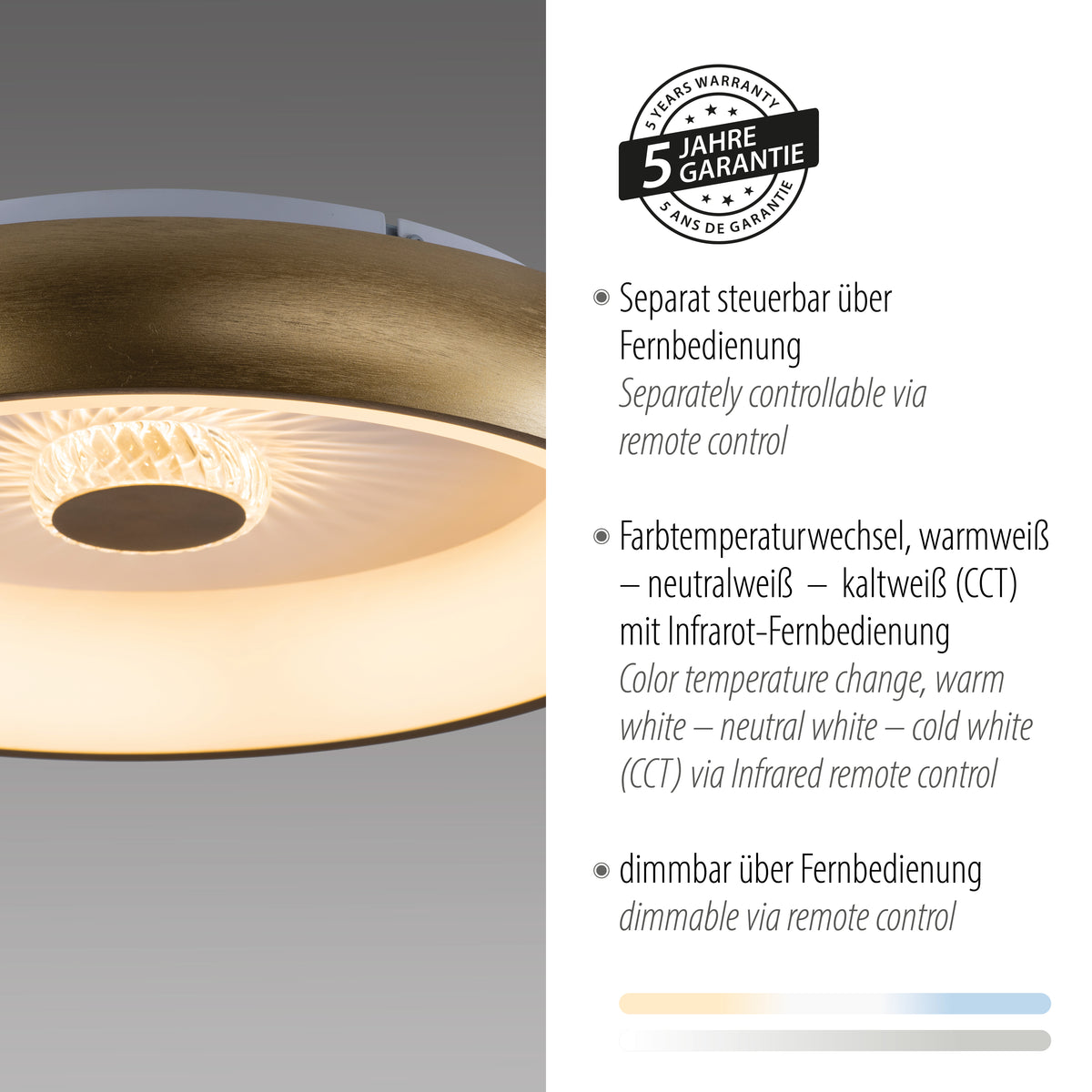 Gros plan sur le luminaire avec mention garantie cinq ans et fonctions réglables.