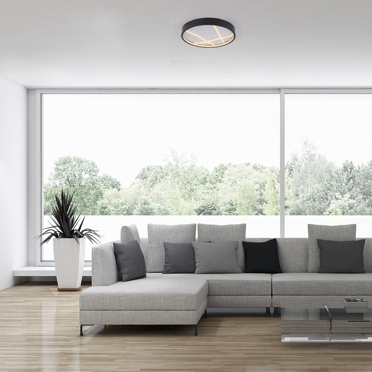 Mise en ambiance du plafonnier fixé au plafond d'un salon gris clair