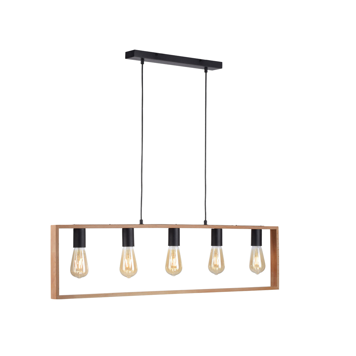 Suspension Franky 5 lumières noire et bois