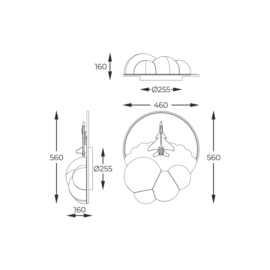 Schéma technique coté du plafonnier avec dimensions 560 et 460 mm