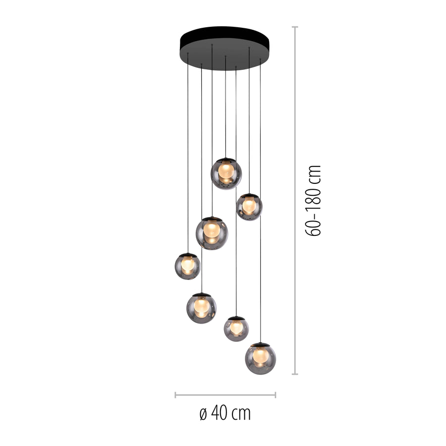 Schéma coté du luminaire : hauteur réglable de 60 à 180 cm et diamètre 40 cm.