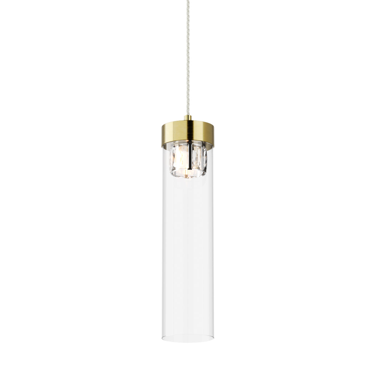 Détail du luminaire avec capuchon doré, verre transparent et module lumineux central.