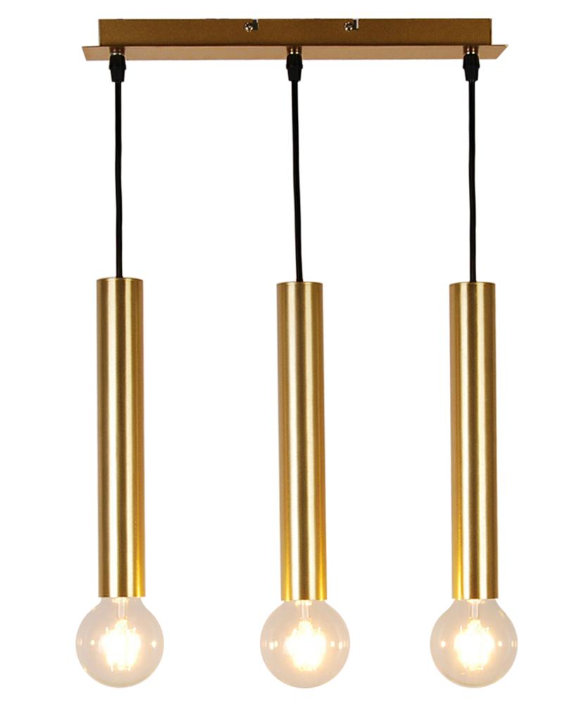 Suspension dorée à trois tubes cylindriques verticaux et ampoules rondes, fond blanc