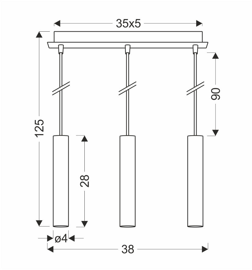 Schéma technique coté : largeur 38 cm, hauteur 125 cm, tubes de 28 cm