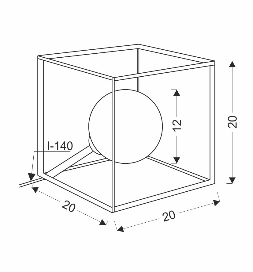 Schéma de dimensions coté du modèle : cube de vingt centimètres et globe douze