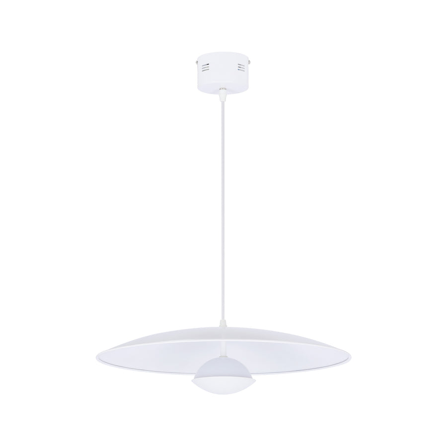 Vue de face du luminaire blanc sur fond blanc, câble et rosace plafond visibles.