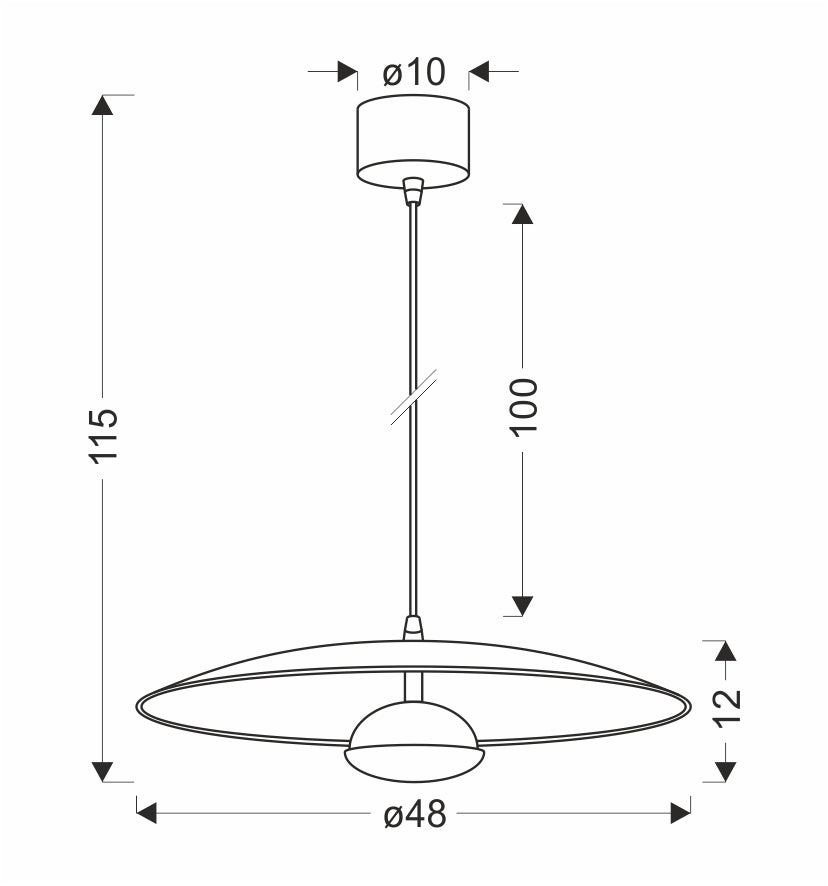 Schéma de dimensions coté : hauteur 115 cm, câble 100 cm, diamètre 48 cm.