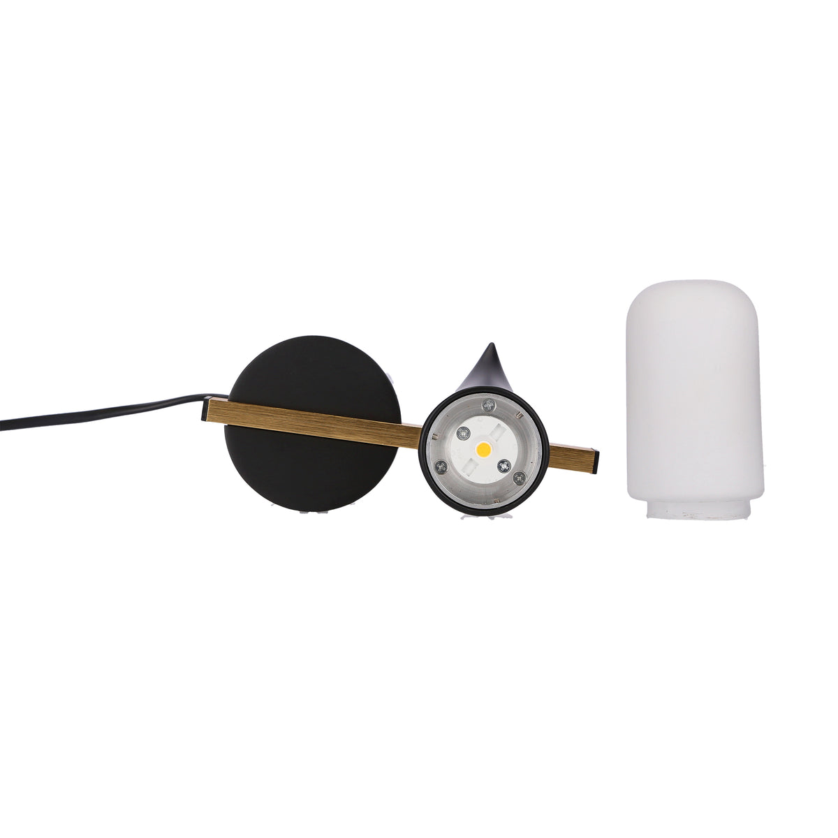 Vue éclatée montrant le module LED, l'abat-jour et la base