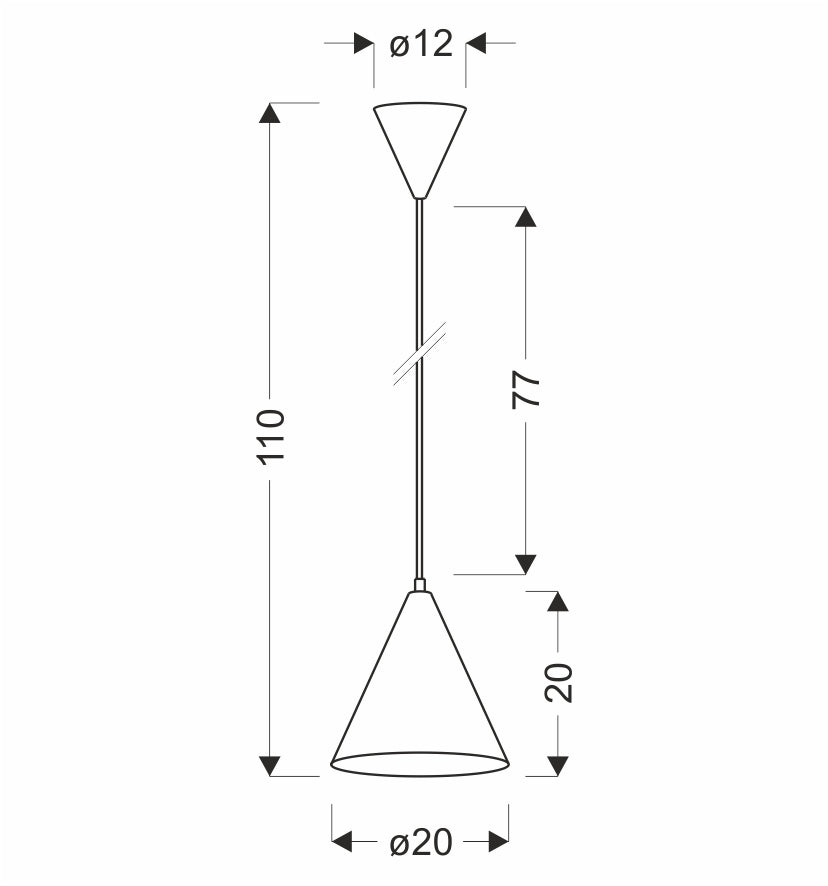 Schéma coté de la suspension : hauteur 110 cm et diamètre 20 cm.