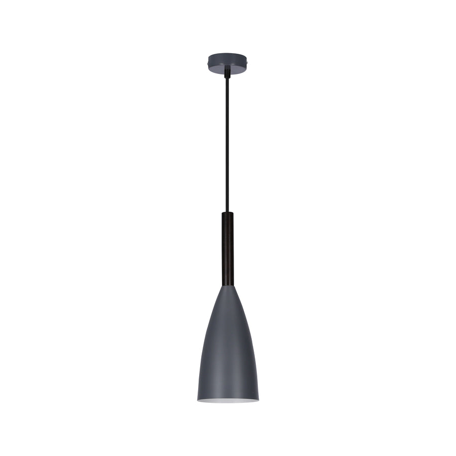 Vue de face de la suspension grise avec câble noir et détail en bois