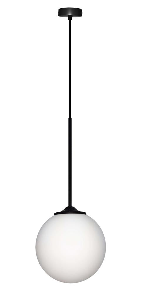 Suspension boule verre blanc avec finition noire, présentée de face sur fond blanc