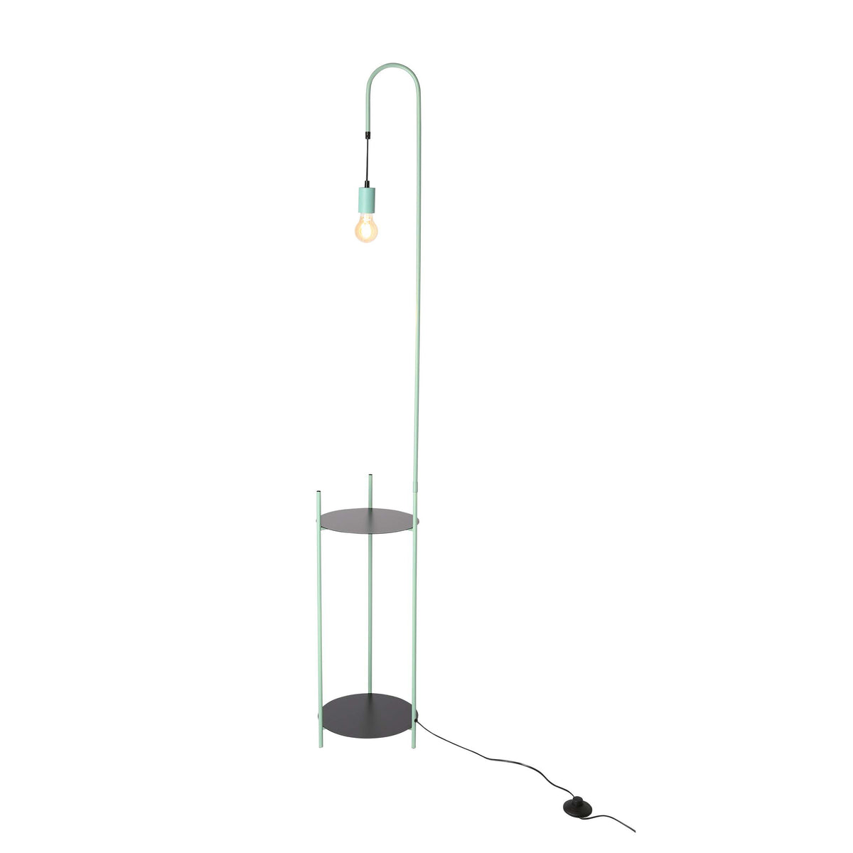 Profil du lampadaire montrant les deux étagères noires et le cordon d'alimentation