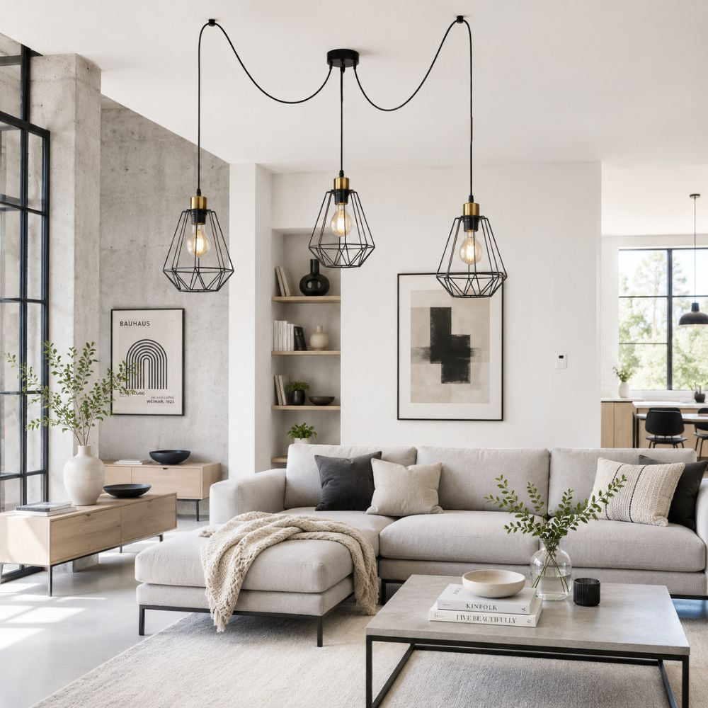 Suspension installée dans un salon contemporain avec canapé beige et mur béton