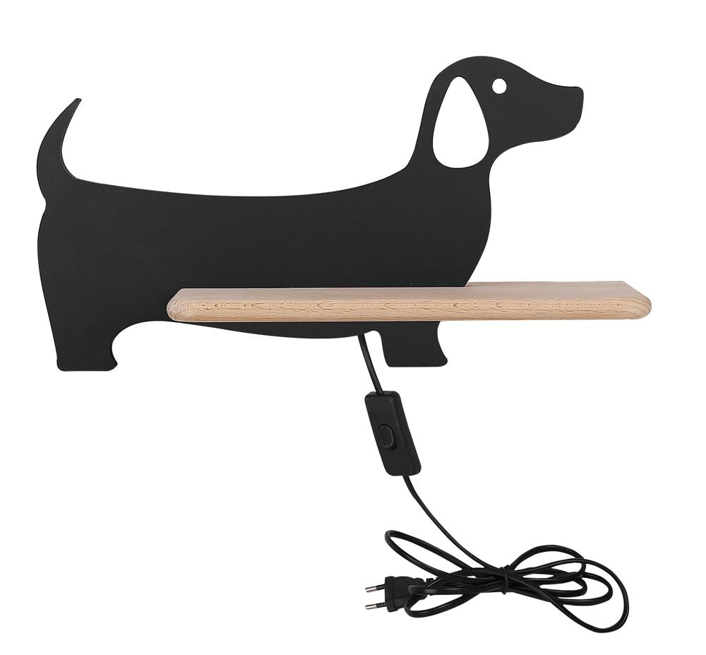 Version noire mate du luminaire chien, de face avec câble et interrupteur apparents