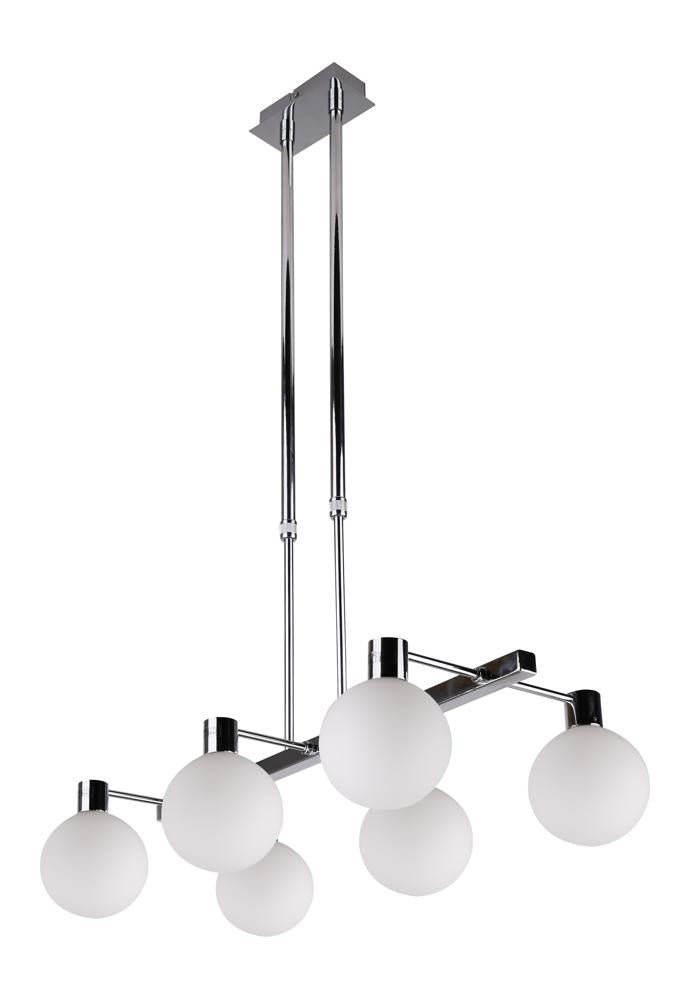 Suspension six globes de verre opale blanc sur structure chromée, vue de face sur fond blanc
