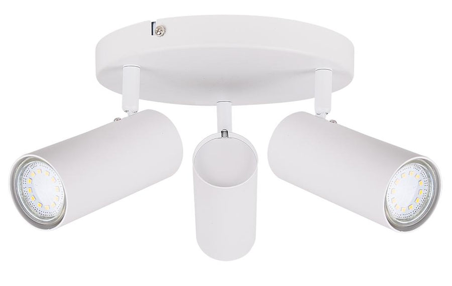 Plafonnier blanc trois spots cylindriques orientables sur base ronde, fond blanc.