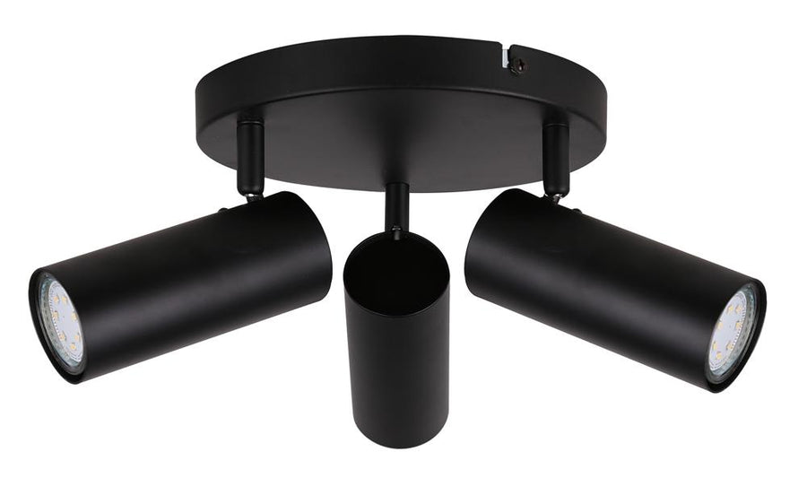 Version noire du plafonnier trois spots cylindriques orientables sur base ronde.
