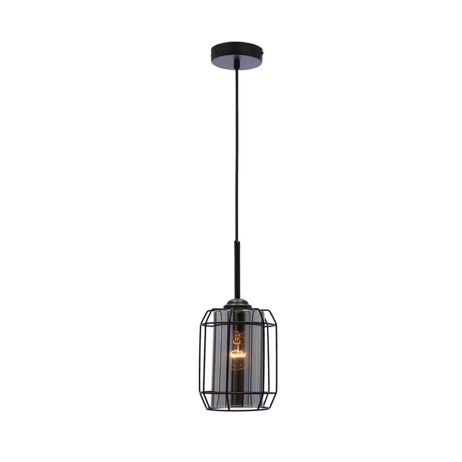 Suspension allumée, ampoule filament visible à travers la cage et le verre