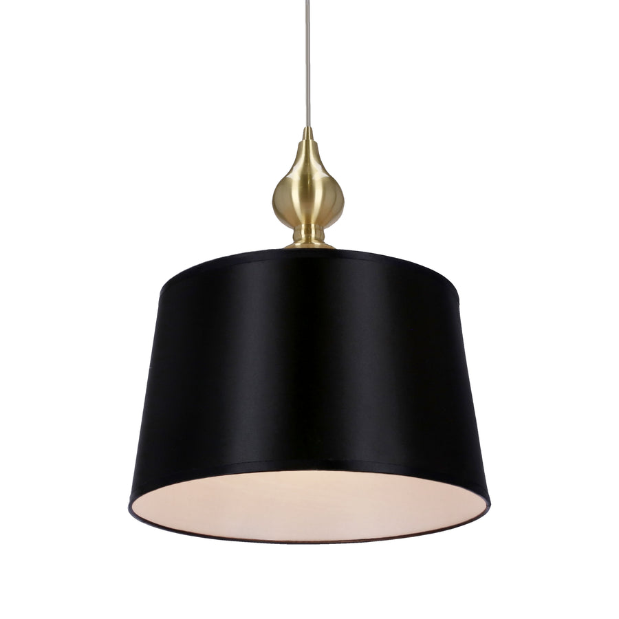Vue par-dessous de l'abat-jour noir, intérieur blanc et forme conique évasée.