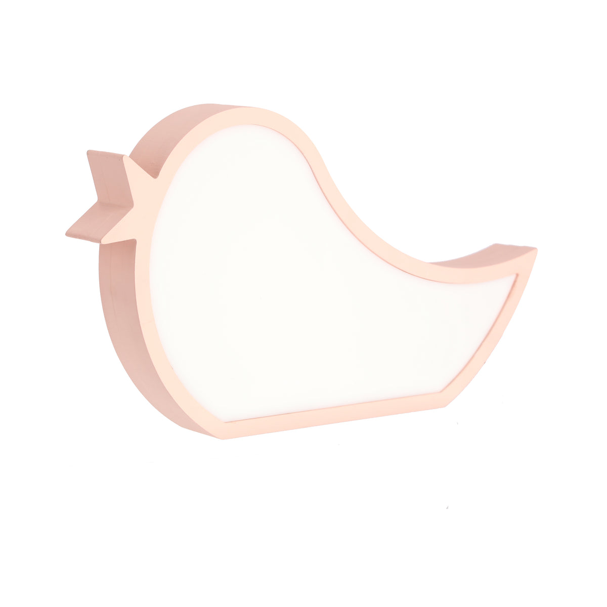 Détail du contour en saillie de la lampe oiseau rose et du diffuseur blanc