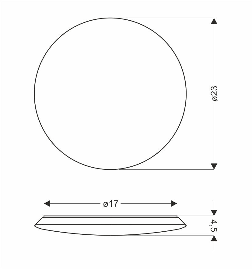 Schéma technique coté montrant diamètre 23 cm et épaisseur 4,5 cm