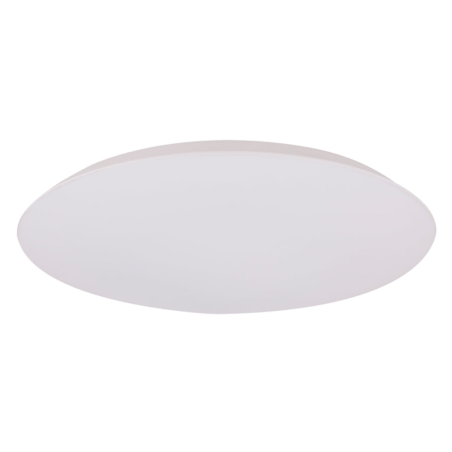 Plafonnier LED rond blanc vu de face, diffuseur opale et fin liseré.