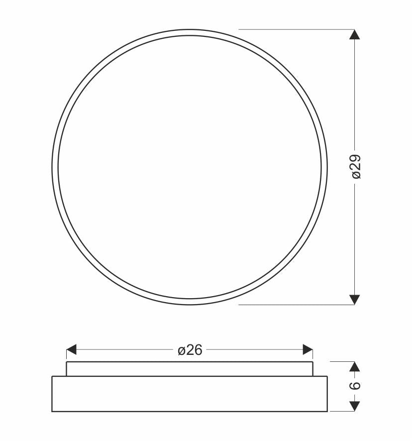 Schéma coté du plafonnier : diamètre 29 cm, embase 26 cm et hauteur 6 cm.