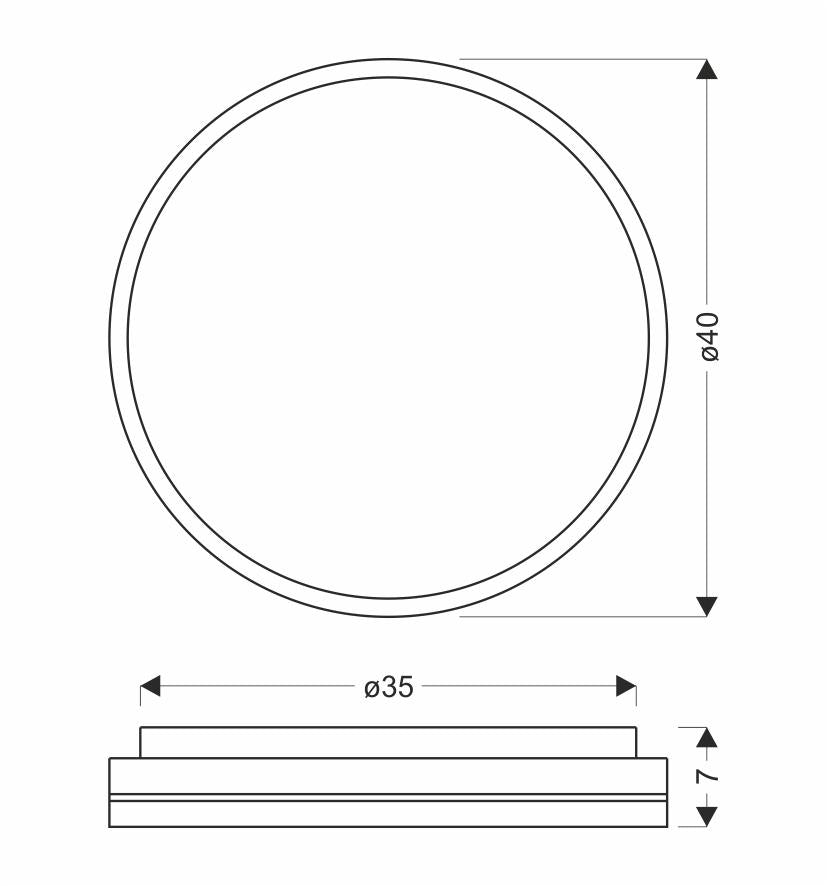 Schéma technique : diamètre 40 cm, hauteur 7 cm, base 35 cm.